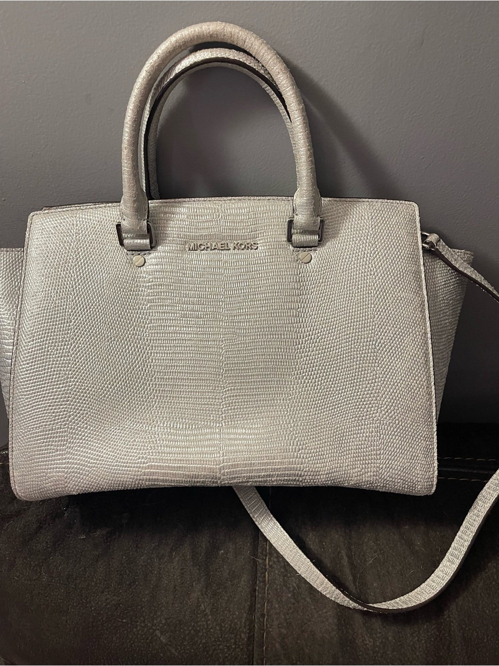Michael Kors Silver Lizard-Embossed Satchel with Strap